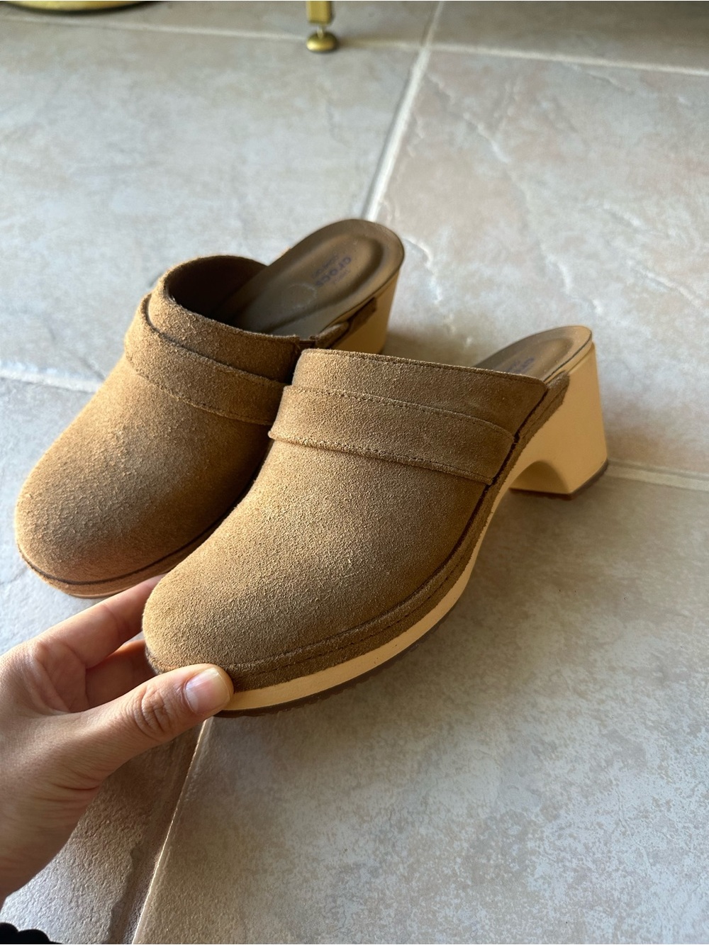 CROCS Women's Tan Suede Clog Mules with Block Heel